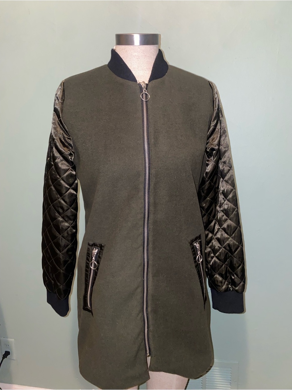 Charlotte Russe Olive Green Bomber Jacket with Quilted Black Sleeves